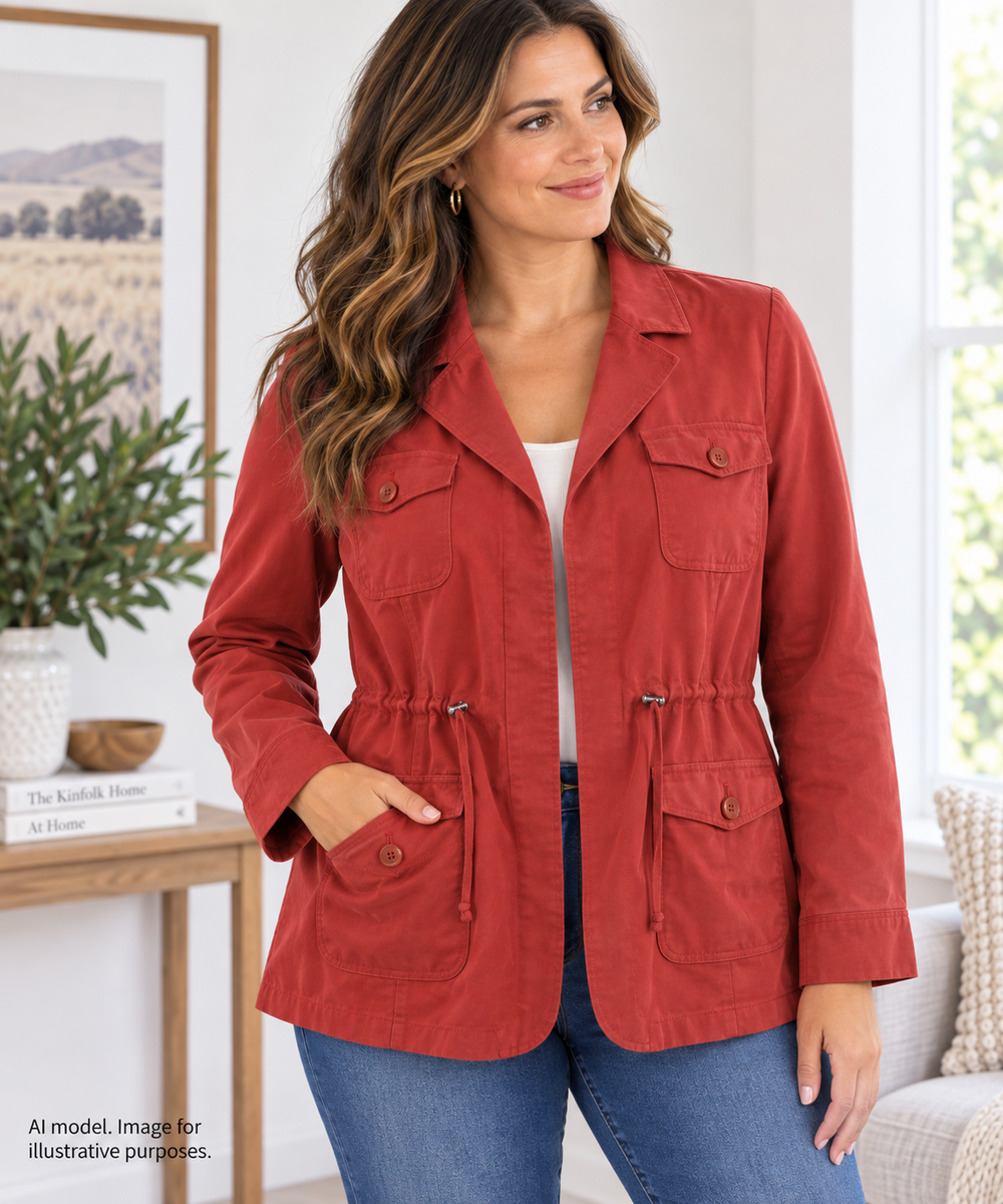 Chicos Jacket 2 Women L Red Cinched Soft Structure Sabana Utility Pockets TAGS